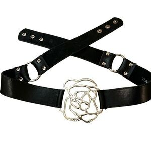 Vintage Cache statement belt black leather silver hardware rhinestones EUC